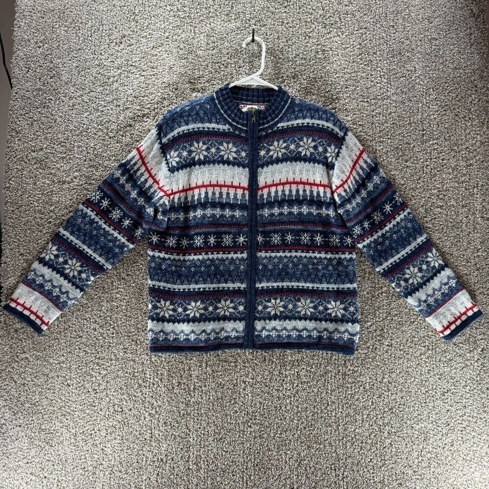 Vintage Tiara International Sweater Women Large Blue Snowflakes Stripes Cardigan